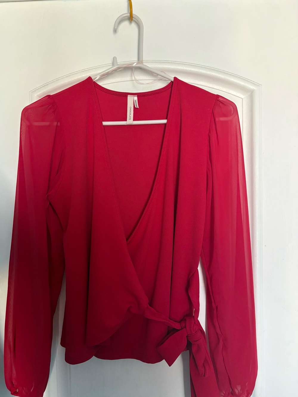 Chocolate Vibrant Red Wrap Blouse with Sheer Long Sleeves
